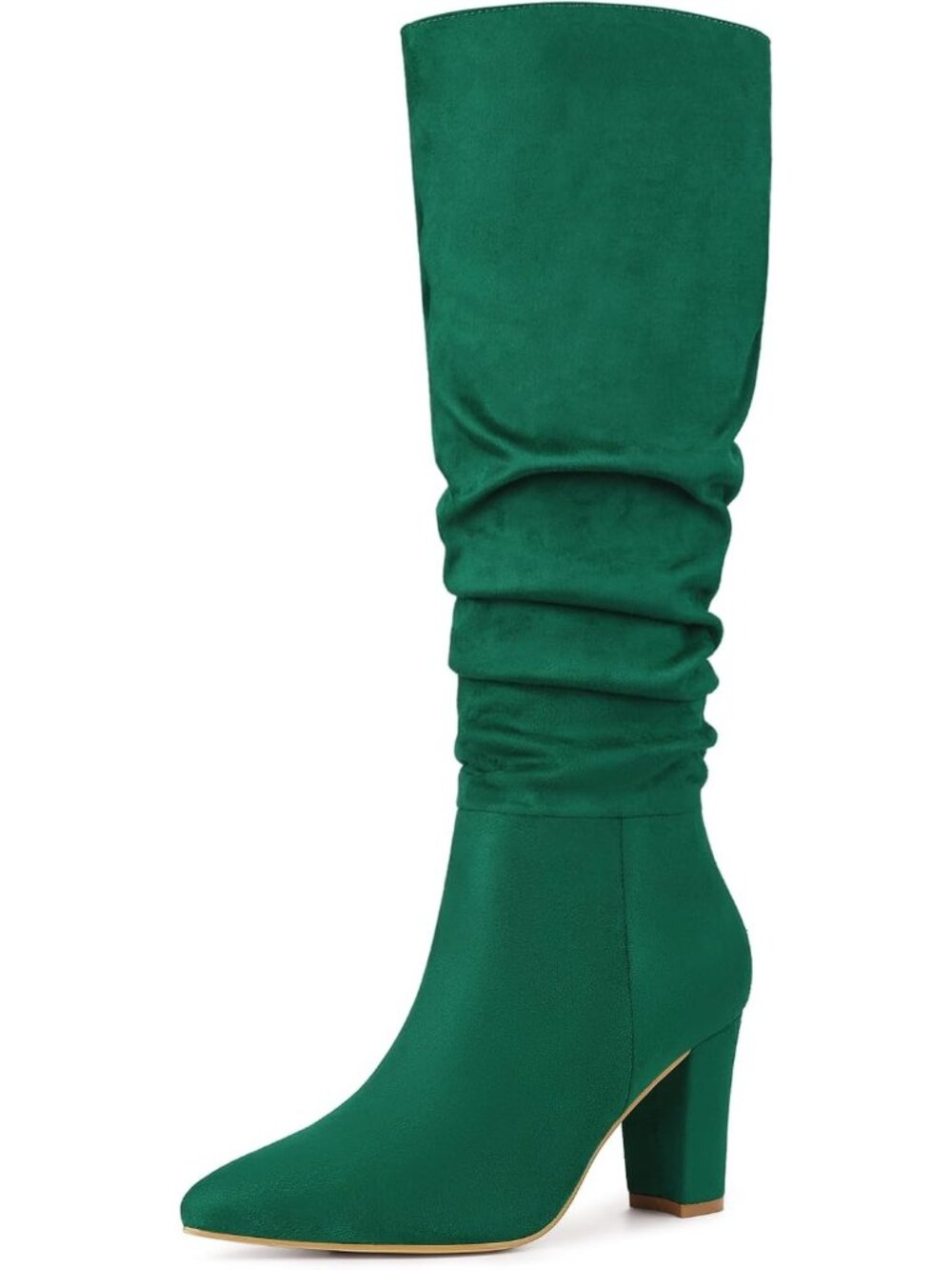 🆕Women's Green Slouchy Pointed Toe Knee High Boots Chunky Block Heel Shoes